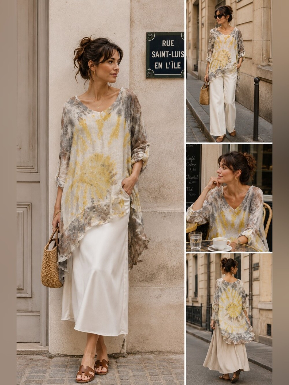 Belle France Boho Tie-Dye Linen Blend High-Low Tunic Asymmetrical Hem | Sz M